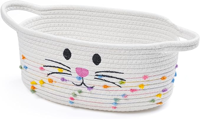 Small Woven Baskets for Organizing Rope with Handle Cute Cotton Basket for Nursery Gift Dog Cat Toy Storage Basket for Toy Organizer-White