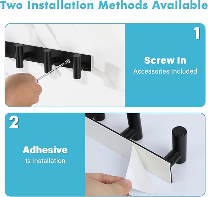 Alise Black Towel Hooks Towel Robe Coat Hook Rail with 5 Hooks Wall Mount Key Hooks for Coat Hat Towel Purse Robes Mudroom Bathroom,SUS304 Stainless Steel Wall Hooks Self Adhesive and Drilling