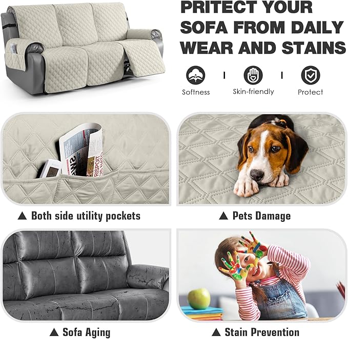 TAOCOCO 100% Waterproof Recliner Couch Covers, Recliner Sofa Covers with Leg Straps, 1-Piece Washable Reclining Sofa Cover with Pocket Couch Protector for Pets Kids(3 Seater, Ivory)