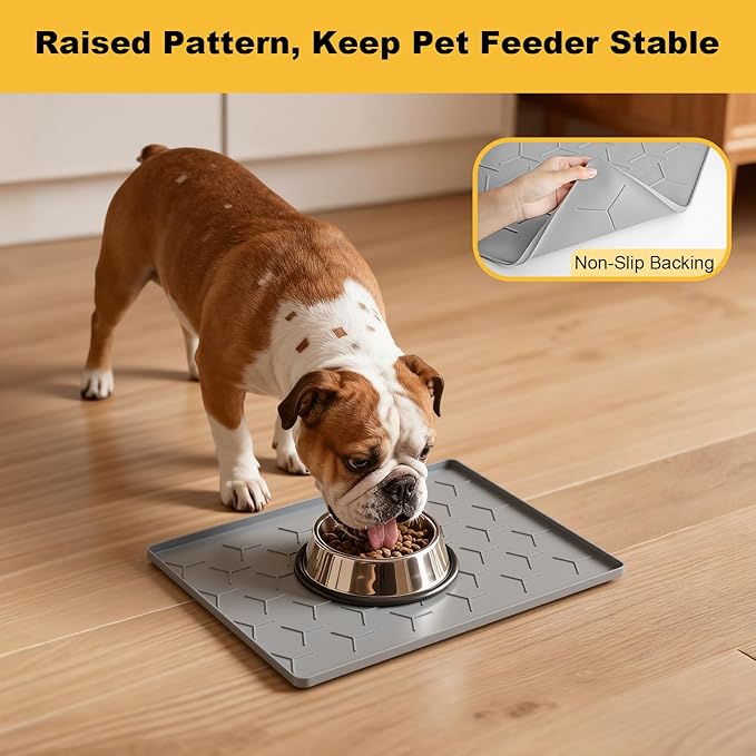 Pieviev Dog Cat Food Bowl Mat, Silicone Waterproof Food Grade Pet Food Mat for Floor, High Raised Edge to Prevent Spills, Non-Slip & Easy Clean Pet Placemat for Dog & Cat Bowls, 16''x12'', Light Gray