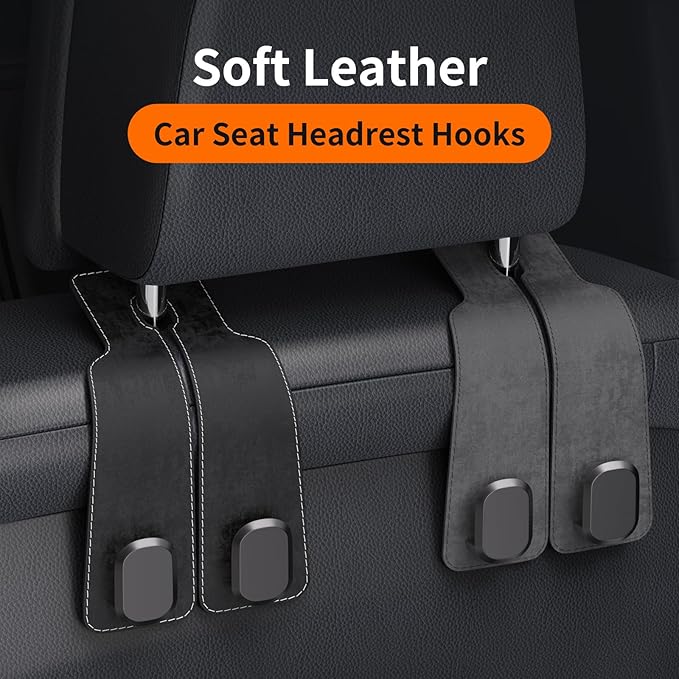 BiYiQi Headrest Hooks for Car, Seat Back Storage Hook Leather Alloy Car Purse Hook, Car Seat Storage Hanger, Car Hooks for Purses, Bags, Handbags,(2 Pack),Black