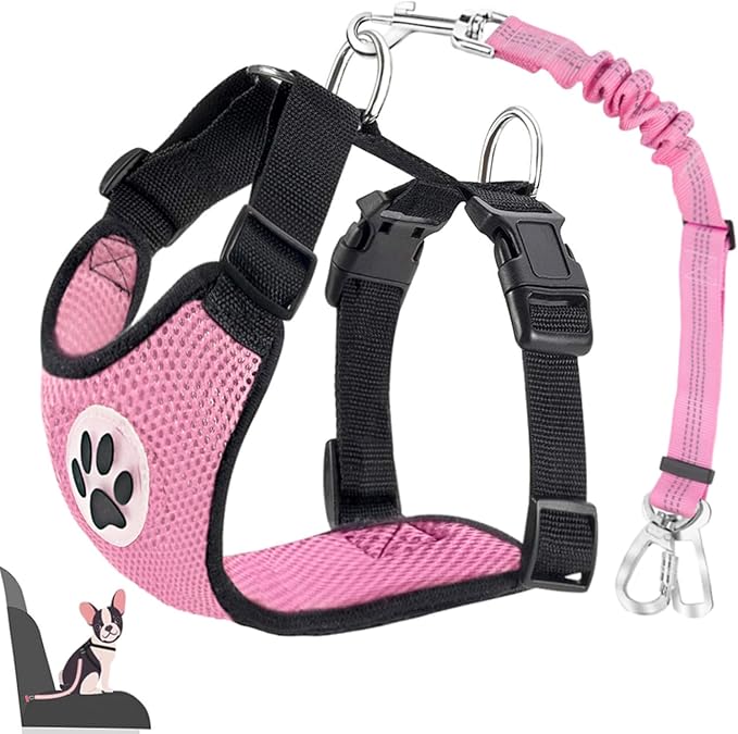 Lukovee Dog Seat Belt for Car, Adjustable Dog Car Harness for Large Medium Small Dogs, Soft Padded & Breathable Mesh Dog Seatbelt with Car Strap and Carabiner(Pink Double Clip,XXX-Small)