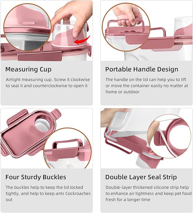 LEAWALK 5-7Lbs Small Cat Dog Food Storage Containers BPA Free, Airtight Pet Food Storage Containers with Large Pour Spout/1 Measuring Cup/ 4 Safety Locks and With Folding Bowl (Rose Pink)