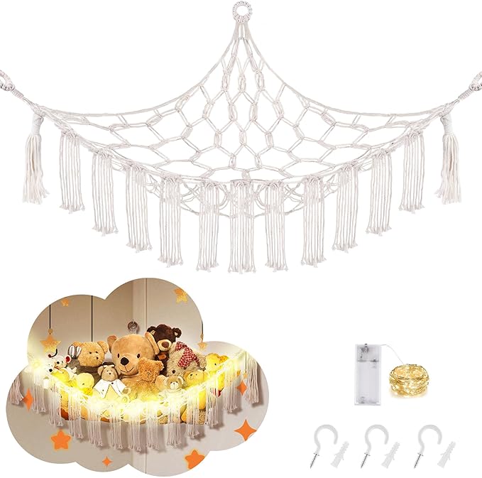 CERETIA Stuffed Animal Hammock with LED Light, Large Stuffed Animals Storage Corner Plushie Net for Kids Room Decor, Jumbo White