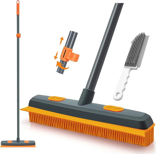 TidyBliss Pet Hair Removal Broom, 57.5 inches Rubber Brush Carpet Rake with Silicone Squeegee, Fur Remover Tool with Detailing Lint Comb for Cleaning Rug, Tile, Hardwood Floor (Gray Orange)