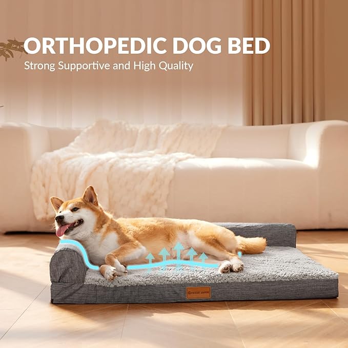 Patas Lague Orthopedic Dog Bed Medium Size Dog 30''X20'', Waterproof L Bolster Medium Pet Sofa Beds with Removable Washable Cover, Soft Pet Couch Crate Mat with Nonskid Bottom, Grey