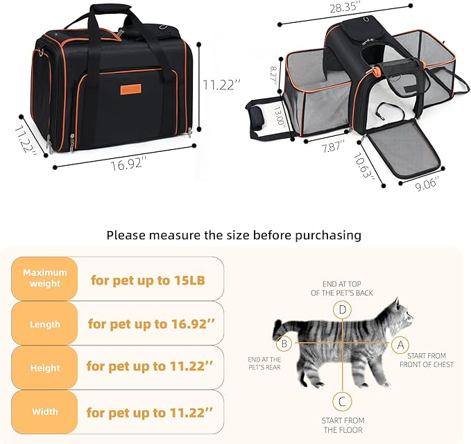 Cat Carrier,Portable Pet Carrier Bag for Cats and Small Dogs,Foldable Soft-Sided and Scratch-Proof mesh Cat Bag Pet Carriers,Airline Approved Pet Carrier,Pet Travel Carrier Up to 15 Lbs,Black
