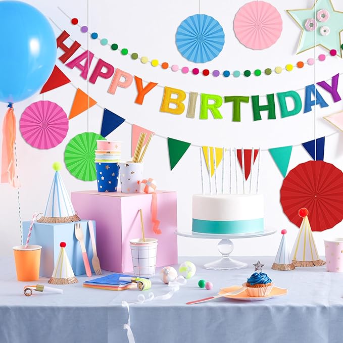 Pre-Strung 3D Felt Happy Birthday Banner, Reusable Rainbow Birthday Party Decorations for Kids Adults, Happy birthday Sign with Felt Ball Garland, Pennant Flag, Hanging Paper Fans