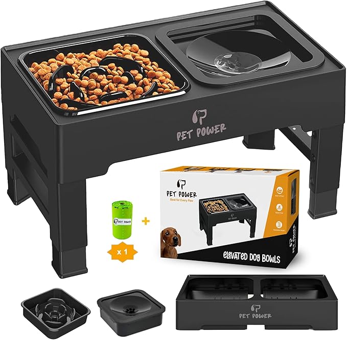 Dog Bowls Elevated Large Breed, Raised Dog Bowl Stand with 4 Adjustable Height, Slow Feeder Dog Bowls & No-Spill Water Bowl for Small, Medium, Large Dogs