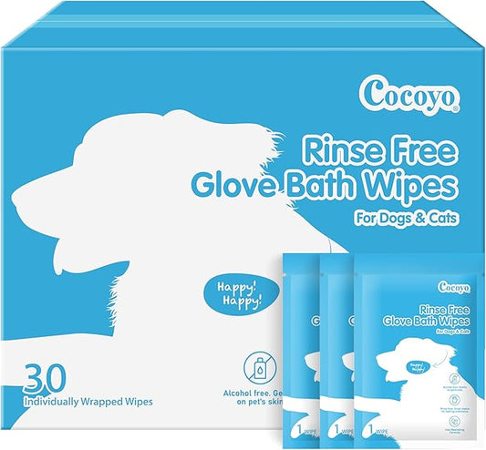 COCOYO Disposable Grooming Glove Wipes for Dogs & Cats I Fur Deodorizing I Fresh Moutain Pine Scent I Rinse Free & Bathing Gloves Wipes (30 Individually-Packed Glove Wet Wipes) (30 Individual Pack)