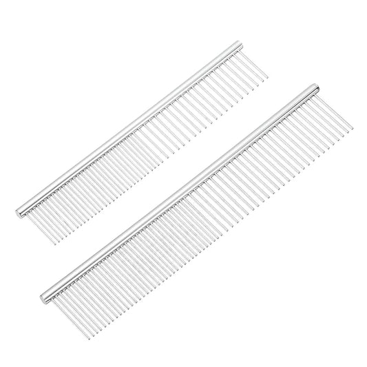 PETAXCELL Dog Cat Comb, Pet Combs Stainless Steel Teeth with Rounded Ends for Knots Mats Loose Hair Removal, 6.5/7.5IN (Silver, 2 Pack), Grooming Tool Intended for Long Curly Hair Pet