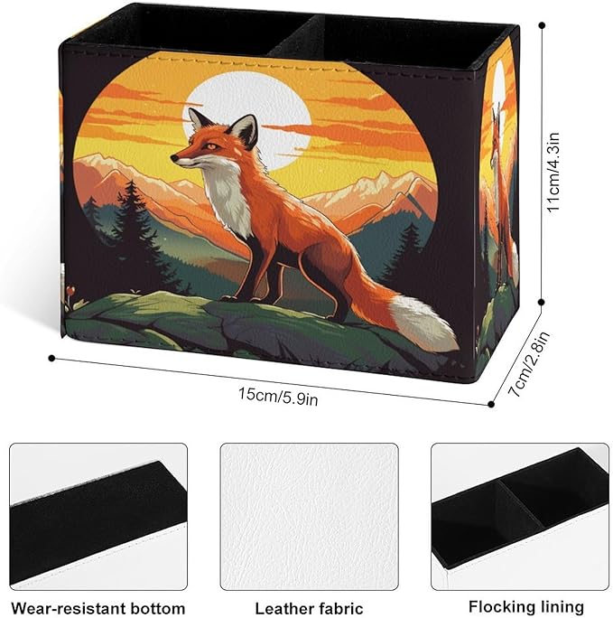 Famame Fox Sunrise Mountain Pencil Holder for Desk, Leather Desktop Container Pen Cup Storage Study Table Pen Organizer Makeup Brush Holder for Classroom Office Home
