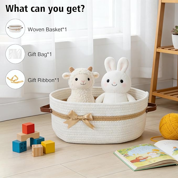 Large Gift Baskets Empty with Handles, 14"x 10"x 5.5" Cotton Rope Storage Basket Storage for Gifts Clothes Baby Diaper Pet Toys (White)
