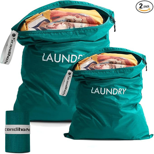 Travel Laundry Bag (2 Pcs - Large + Medium) - Foldable Waterproof Washable Wet Dry Bag for Gym, Swimming, Yoga, and Workout Perfect for Dirty Clothes, Bathing Suits, Travel Accessories (Blue)