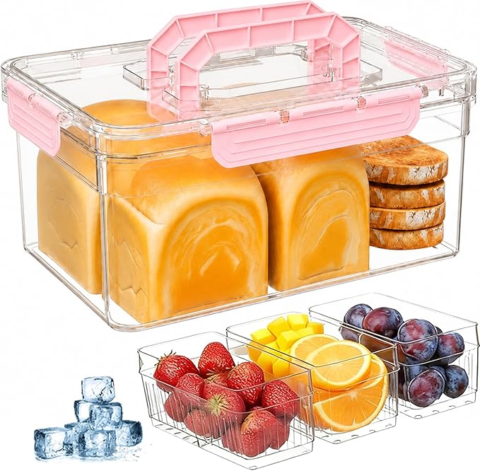 Bread Box with Ice Chilled Condiment Caddy, Portable Airtight Storage Container with Lid Handle for Kitchen Counter, Keeper for Homemade Bread, Toast, Bagel, Cookies, Pink