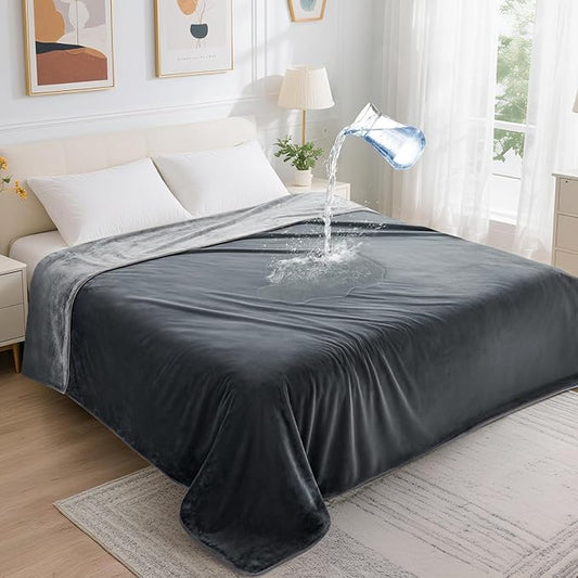 LOOBANI Waterproof Blanket for Bed: Reversible Soft Flannel Twin Bed Blanket 60" x 80", Leakproof Throw Spill-Proof Dog Pet Blanket for Couch Cover, Movie Time, Camping, Travel, Grey