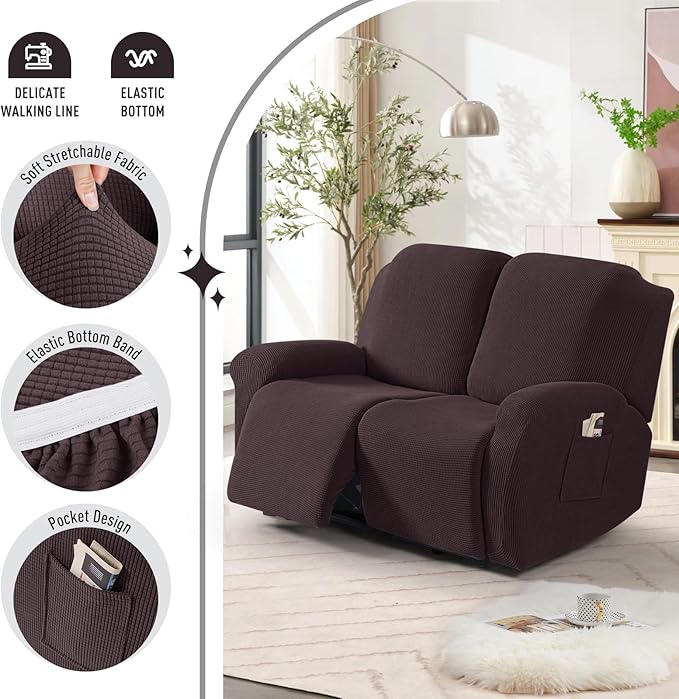 TAOCOCO Recliner Loveseat Slipcover, 6 Pieces Dual Recliner Sofa Covers for 2 Seat Dual Reclining Loveseat Couch, Stretch Soft Jacquard Pattern Furniture Protector with Elasticity (2XL, Chocolate)