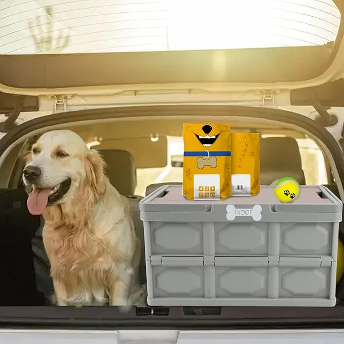 Outdoor Dog Toy Bin wtih Handles,Collapsible Dog Stuff Organizer Portable,Pet Storage Basket with Wood Cover for Dog Toys/Snack/Camping Essentials,Ideal for Car Trunk,RV Trip,Picnic-Gray