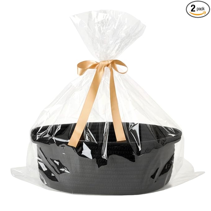 Small Woven Gift Basket Empty with Bag & Ribbon - Gifts for Mom, Baby Shower, Birthdays & Raffle - Cotton Rope Storage Basket for Dog Toys or Shelf - 12"x8"x5", Black, 2 Packs