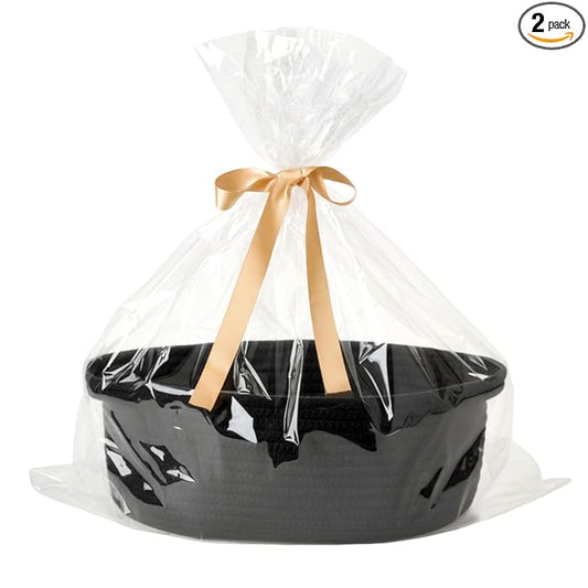 Small Woven Gift Basket Empty with Bag & Ribbon - Gifts for Mom, Baby Shower, Birthdays & Raffle - Cotton Rope Storage Basket for Dog Toys or Shelf - 12"x8"x5", Black, 2 Packs