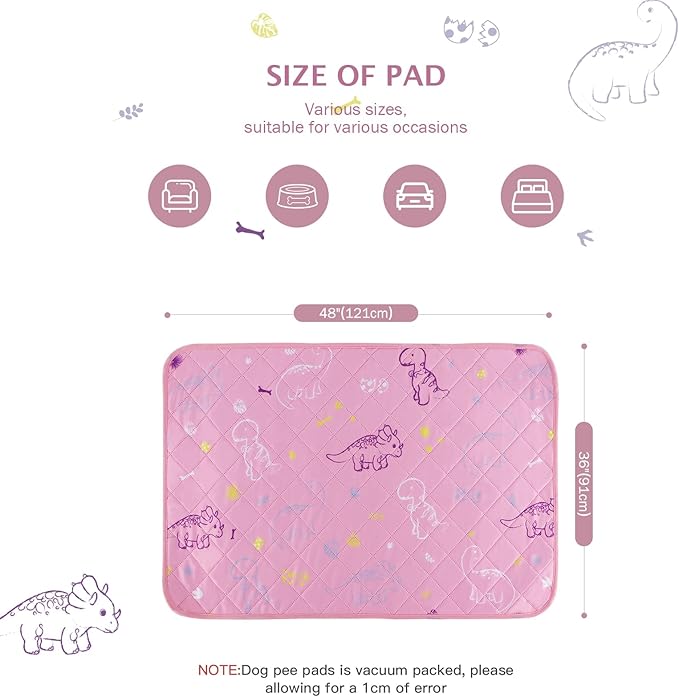 IEUUMLER Washable Pee Pads for Dogs, 2 Pack Non-Slip & Waterproof Pack Whelping Pad, Reusable Washable Puppy Potty Training Pad with Fast Absorbent for Playpen EU007 (Pink Dinosaur, 36"X48"-2pcs)