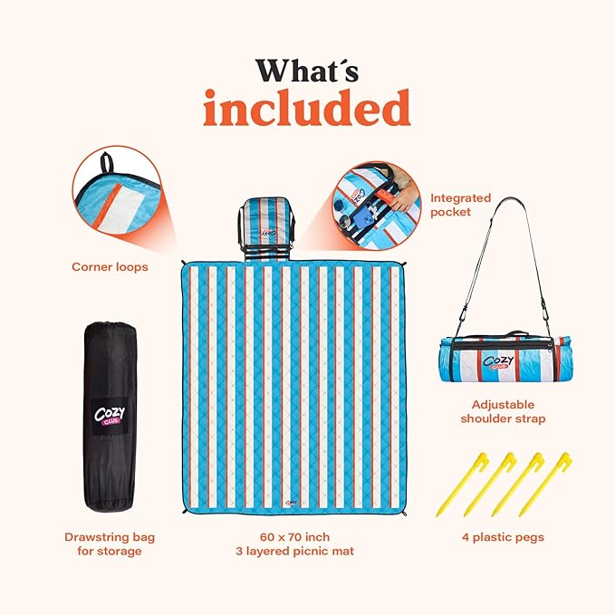 Cozy Club Waterproof Picnic Blanket Foldable Outdoor Mat with Pocket, Stakes & Shoulder Strap | Sandproof, Durable & Portable for Beach, Camping, Sporting Events & Travel | US Brand