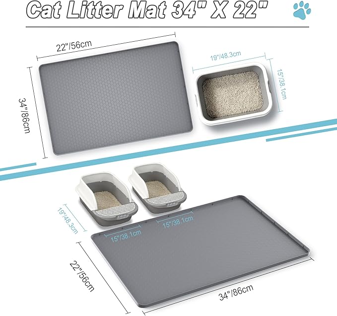 TIMOHCR Cat Litter Mat 34" X 22", Cat Litter Box Mats Waterproof Silicone Pad for Floor Pee Pad Tray Holder with Complimentary 6 Clamps