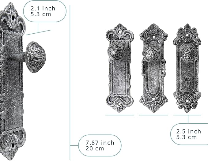 Comfify Shabby Chic Cast Iron Decorative Wall Mounted Hooks – Silver/Black - Door Knob Coat Hooks - Set of 3 - Screws and Anchors Included - Antique Wall Hooks for Hanging Clothes