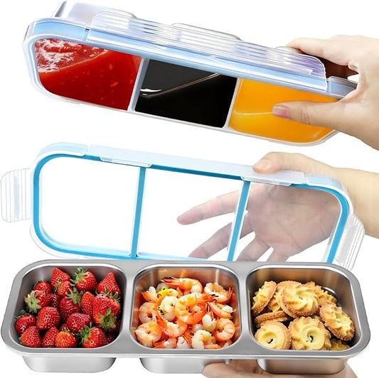 Snack Containers, 2Pack Stainless Steel Snackle Box Leakproof 3-Compartment Metal Bento Box with Airtight Lids, Reusable Food Storage Container for Lunch, Travel, Picnics, and Office