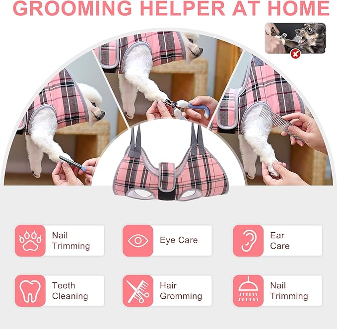 BEAUTYZOO Dog Grooming Hammock, Medium Dog Sling for Nail Trimming, Dog Hanging Harness for Claw Care with Thick Fabric Neck Support Wide Strap Restraint Cat Grooming Hammock, Pink L