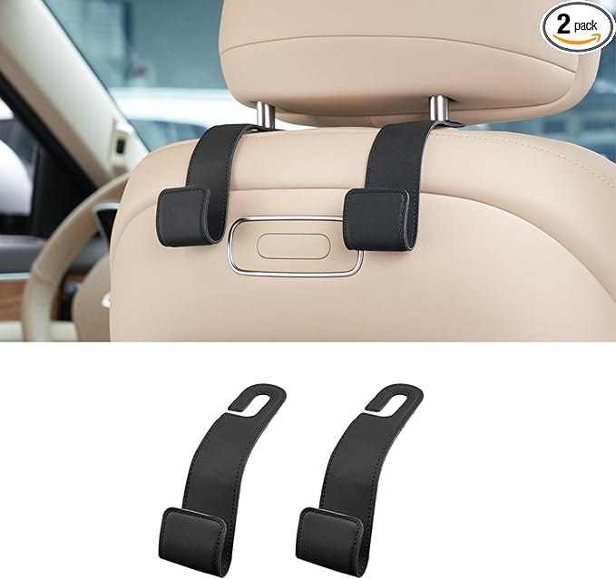 Car Seat Hooks - 2 Pack Upgraded Leather Headrest Hooks for Hanging Purse and Bag, Car Organization Accessories (Black)