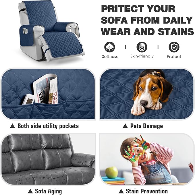 TAOCOCO 100% Waterproof Recliner Chair Cover Non-Slip Reclining Cover for Recliner Chair Washable Chair Seat Cover with Elastic Straps for Pets Sofa Slipcover with Pocket (Small 23'', Ocean Blue)