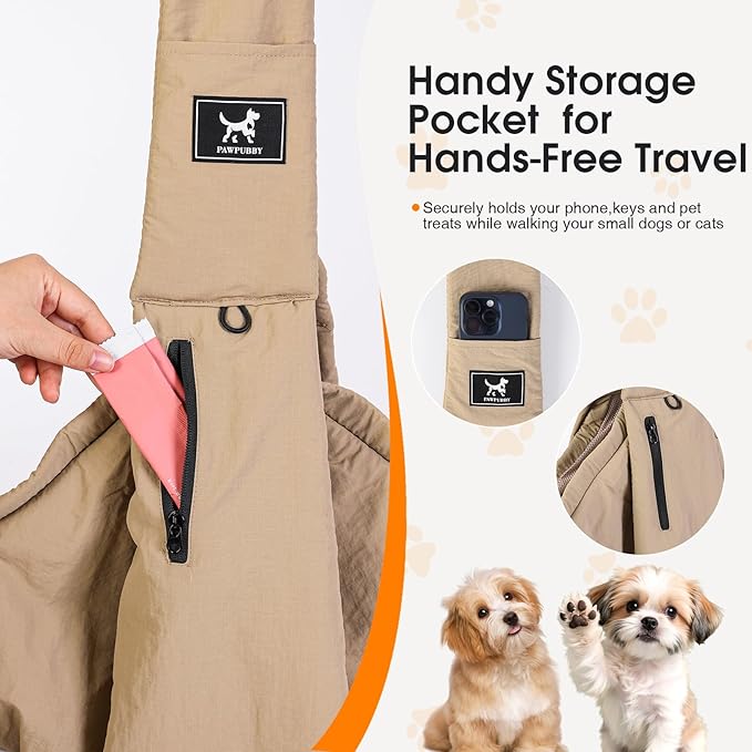 Pet Sling Carrier for Small Dogs and Cats 5-20lbs, Dog Sling with Adjustable Depth, Breathable Air Mesh Puppy Travel Bag, Water Resistant Fabric, Double Safety Leash, Machine Washable,Caramel