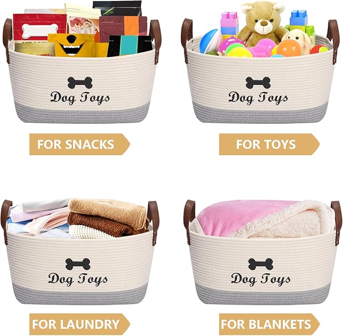 Large Cotton Dog Toy Basket Storage - 16.5"x10.6"x7.5" Puppy Bin - Perfect for Organizing Pet Toys, Blankets, Leashes & More