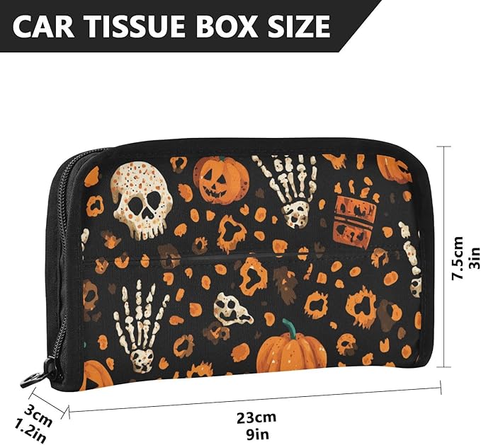 Car Tissue Holder Car Napkin Holder Car Tissue Box Dispenser Storage Case Sun Visor Mask Holder with Adjustable Straps Reusable Refillable Halloween Leopard Pumpkin Skull Brown