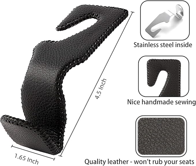 Headrest Hooks for Car, Back Seat Organizer Black Leather Hanger Holder Hook, for Hanging Purses and Bags and Coats, Pack of 4