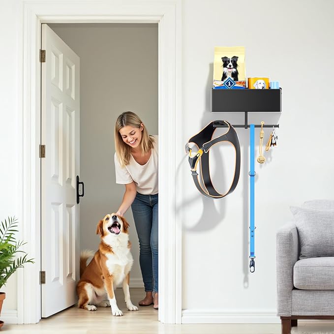 Dog Leash Holder for Wall, Dog Leash Hook, Black Leash Hanger, Dogs Leash Organizer for Pet Accessory Storage, Wall Mounted Key Holder, Dogs Stuff Storage Rack for Pet Poop Bag, Collar, Toy