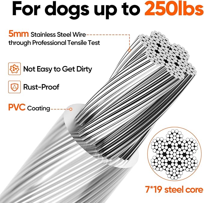 Tresbro 80FT Reflective Tie Out Cable for Dogs Up to 250 Pounds, Steel Wire Lead Leash Cable with Stainless Dual Fix Buckle, Lightweight and Enduring, Dog Chains Outside for Outdoor,Yard,Camping