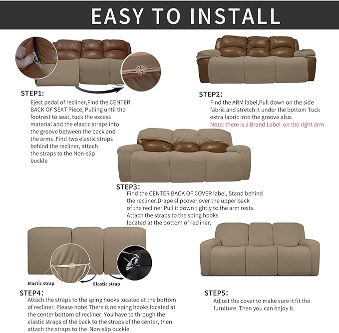 Easy-Going 8 Pieces Recliner Sofa Stretch Sofa Slipcover Sofa Cover Furniture Protector Couch Soft with Elastic Bottom Kids, Spandex Jacquard Fabric Small Checks Natural