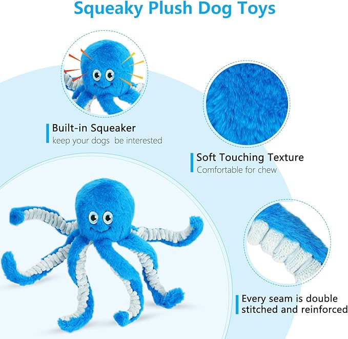 Dog Toys with Crinkle Paper- Octopus Stuffed Dog Squeak Toy Interactive Tug of War Puppy Toys for Small, Medium, Large Dogs