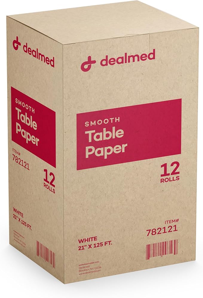 Dealmed Medical Exam Table Paper Roll | Disposable Covers for Doctors, Physicians, Diaper Changing, Waxing, Chiropractor, Tracing, Drawing, Coloring | Smooth, White, 21" x 125', 12 Rolls/Case