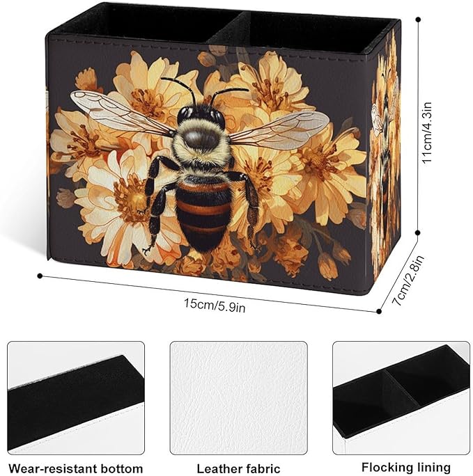 Famame Bee Yellow Wild Flowers Pencil Holder for Desk, Leather Desktop Container Pen Cup Storage Study Table Pen Organizer Makeup Brush Holder for Classroom Office Home