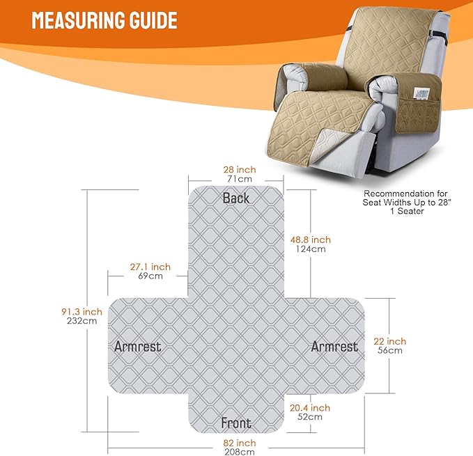 VANSOFY 100% Waterproof Recliner Chair Covers, Recliner Cover Non-Slip Dog Chair Cover Furniture Protector Washable Slipcover with Pocket, Elastic Straps for Pets, Dogs(Sand, 28")