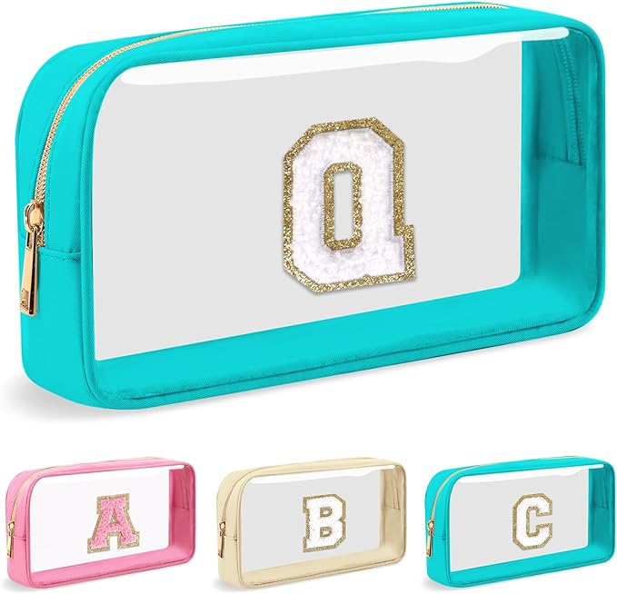 Personalized Initial Letter Clear Makeup Bag,Preppy Small Nylon&PVC Cosmetic Zipper Bag with Chenille Letter,Portable Beach Travel Skincare Toiletry Bag,Trendy Monogram Gift for Teen Girls Women,Q