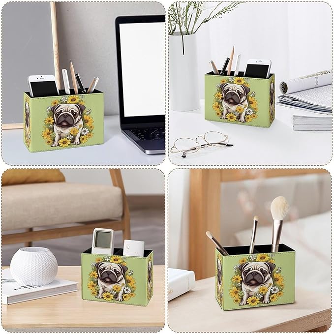 Famame Pug Dog Daisies Pencil Holder for Desk, Leather Desktop Container Pen Cup Storage Study Table Pen Organizer Makeup Brush Holder for Classroom Office Home