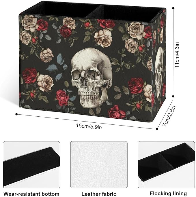 Famame Skull Red White Roses Pencil Holder for Desk, Leather Desktop Container Pen Cup Storage Study Table Pen Organizer Makeup Brush Holder for Classroom Office Home