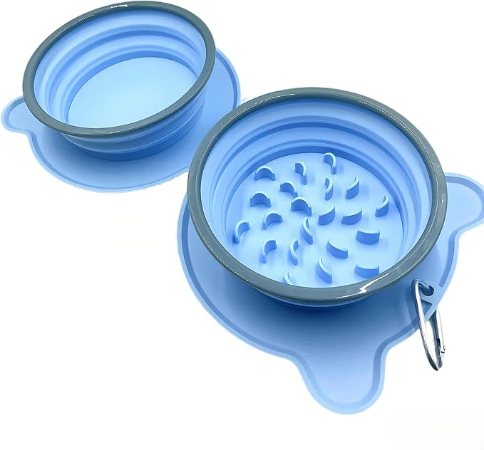 Collapsible Dog Bowls, 2-in-1 Silicone Pet Food and Water Bowl with Carabiner - Portable Double Compartment Travel Dish for Dogs, Ideal for Camping, Hiking, Car Rides, Puppy Essentials (Light Blue)