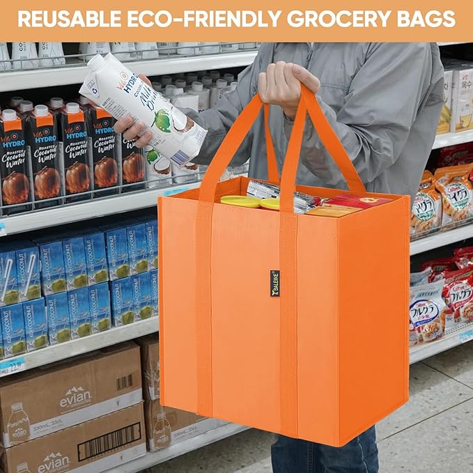 BALEINE 4 PK Grocery Bags Reusable Shopping Bags with Reinforced Bottom, Heavy Duty Foldable Tote BagsLight yellow, 4 Pack