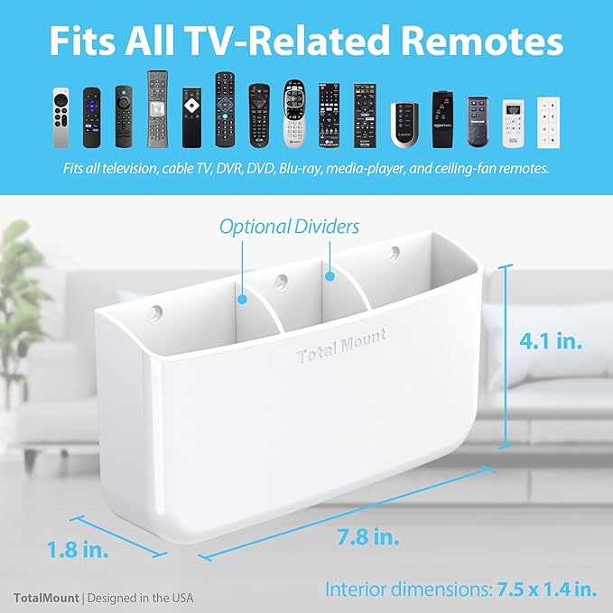 TotalMount Hole-Free Remote Holder – Eliminates Need to Drill Holes in Your Wall (Premium White Holder for 3 or 4 Remotes)