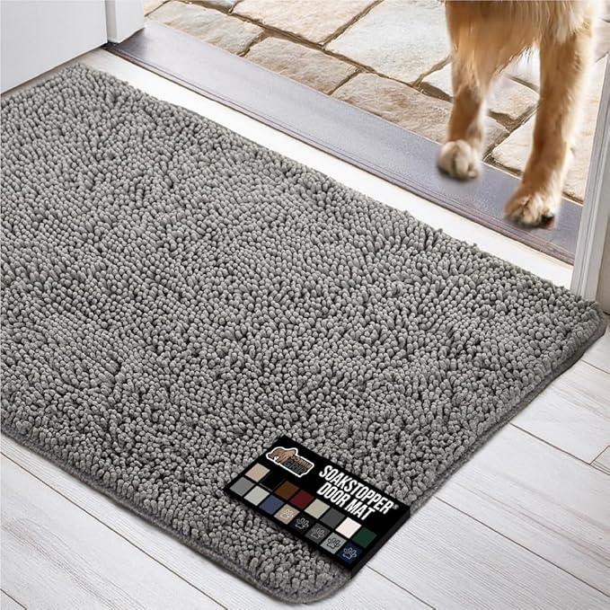GORILLA GRIP SOAKSTOPPER Dog Door Mat, 30x20 Machine Washable Rug Absorbent Doormat Captures Moisture Mud Dirt, Quick Dry Soft Chenille Entryway Rugs Indoor Entrance Mats for Dog Paws, Gray